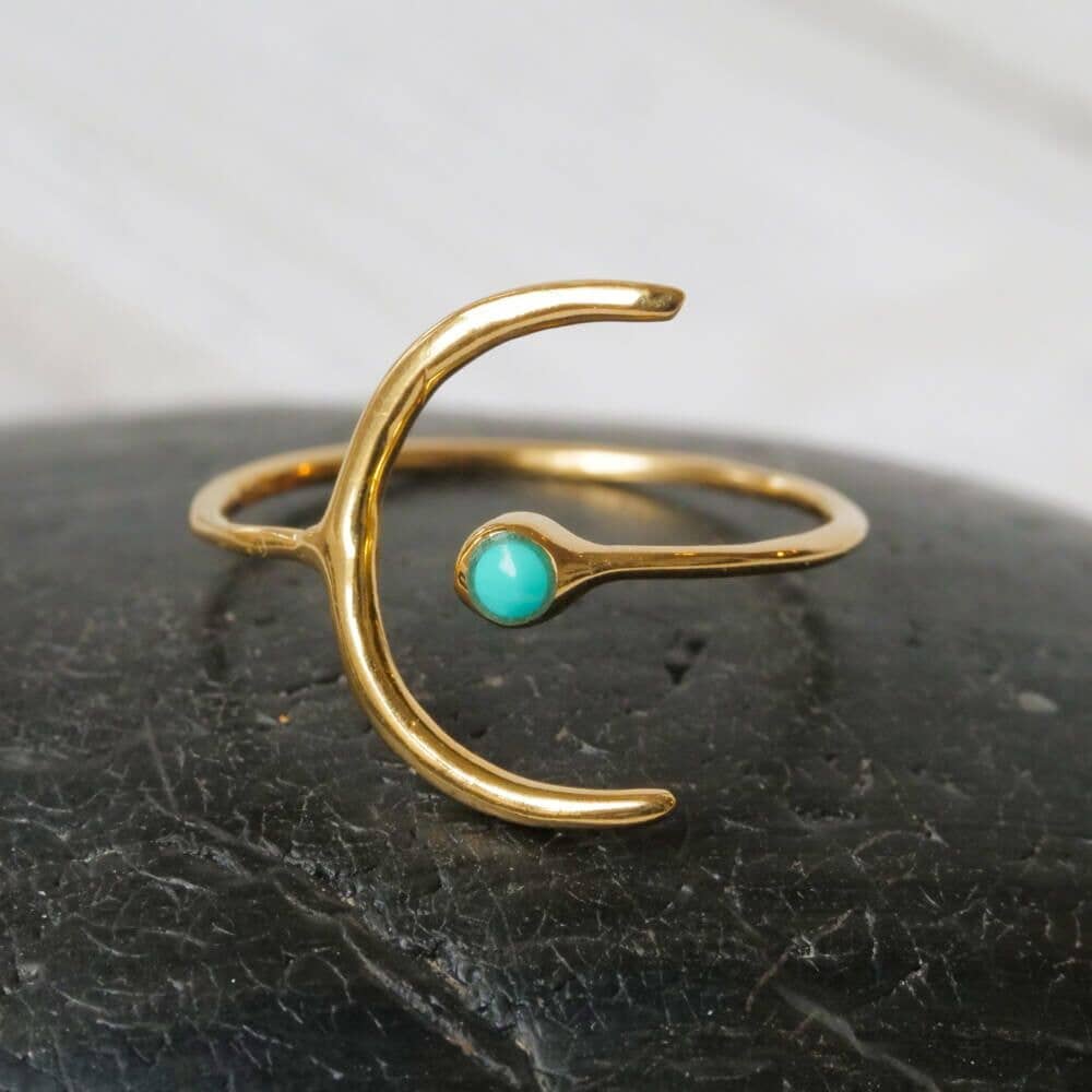 Gold Plated Crescent Ring with Turquoise Stone - Intrigue Ink Visit Bozeman, Unique Shopping Boutique in Montana, Work from Home Clothes for Women