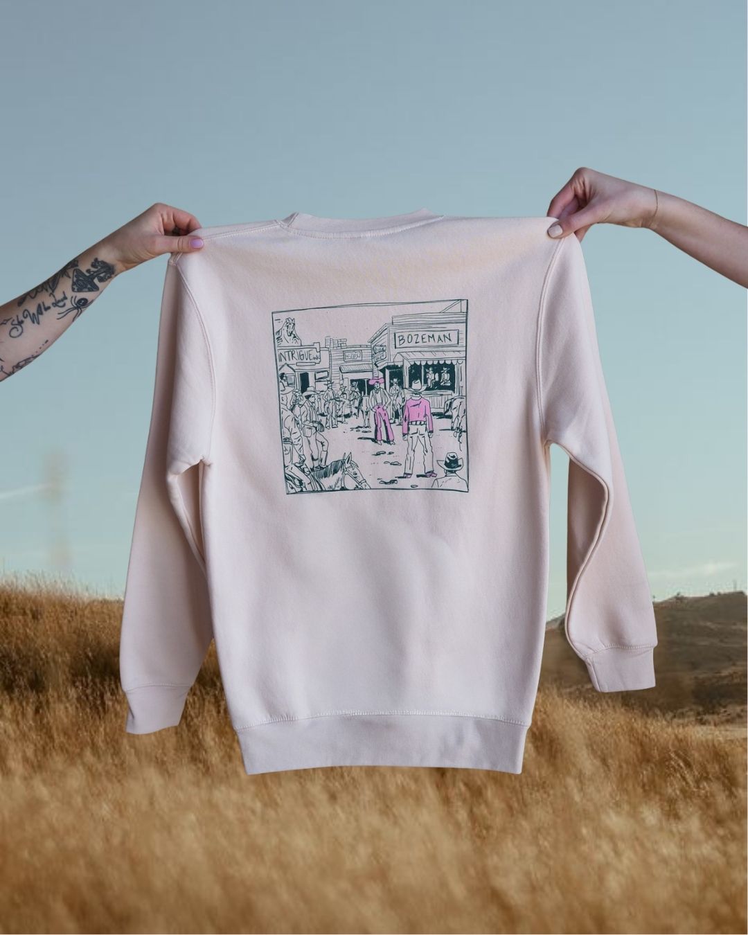 "Montana Standoff" Pink Sweatshirt - Intrigue Ink Visit Bozeman, Unique Shopping Boutique in Montana, Work from Home Clothes for Women