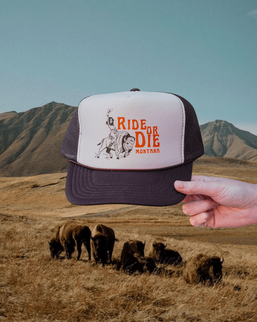 Ride or Die Brown & Orange Trucker Hat - Intrigue Ink Visit Bozeman, Unique Shopping Boutique in Montana, Work from Home Clothes for Women