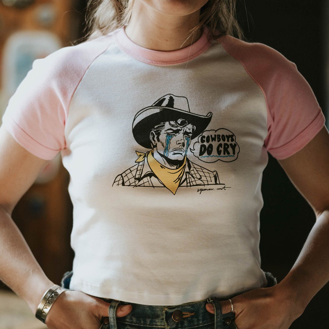 "Cowboys DO Cry" Baseball Crop - Intrigue Ink Visit Bozeman, Unique Shopping Boutique in Montana, Work from Home Clothes for Women