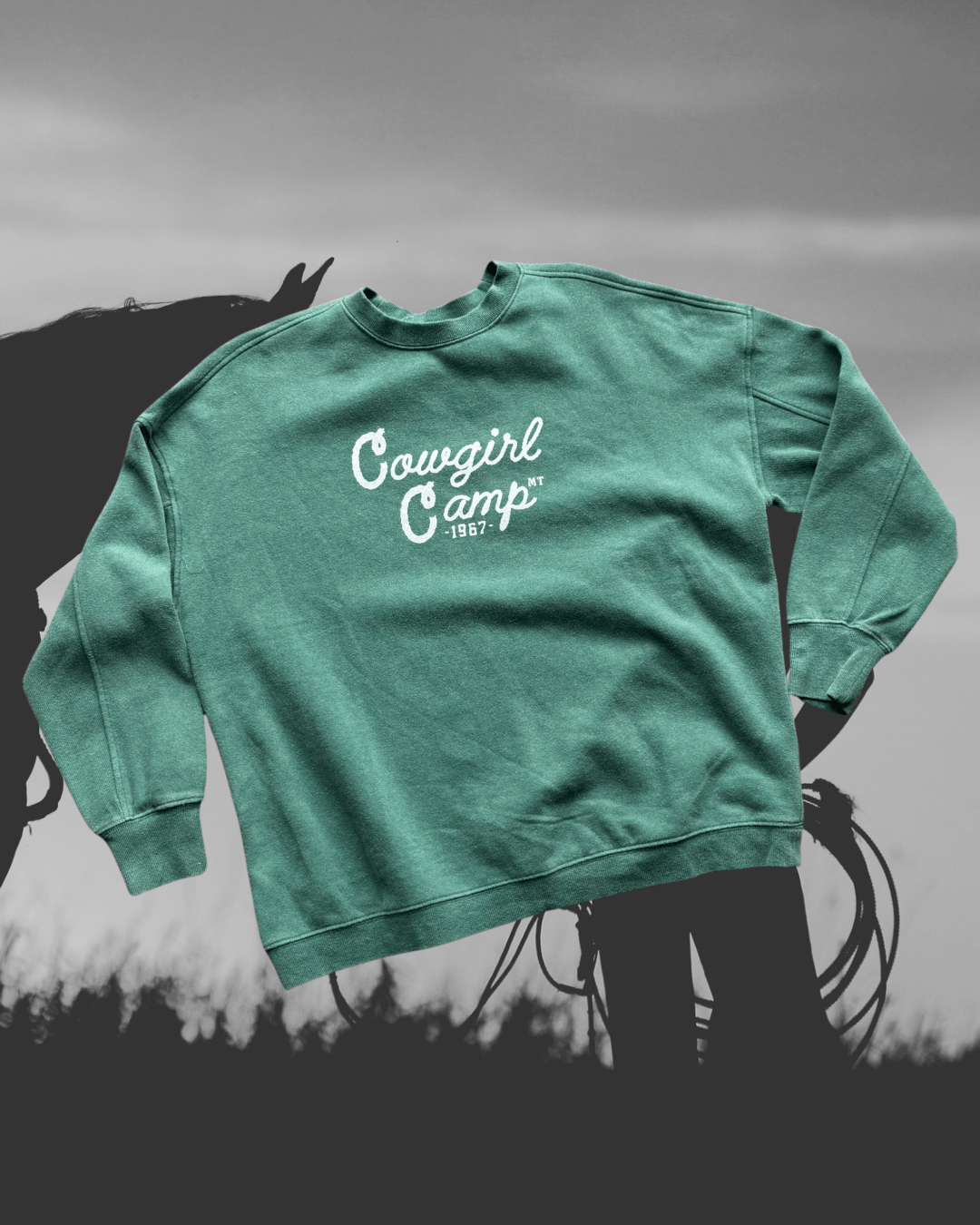 "Cowgirl Camp" Forest Green Pullover - Intrigue Ink Visit Bozeman, Unique Shopping Boutique in Montana, Work from Home Clothes for Women