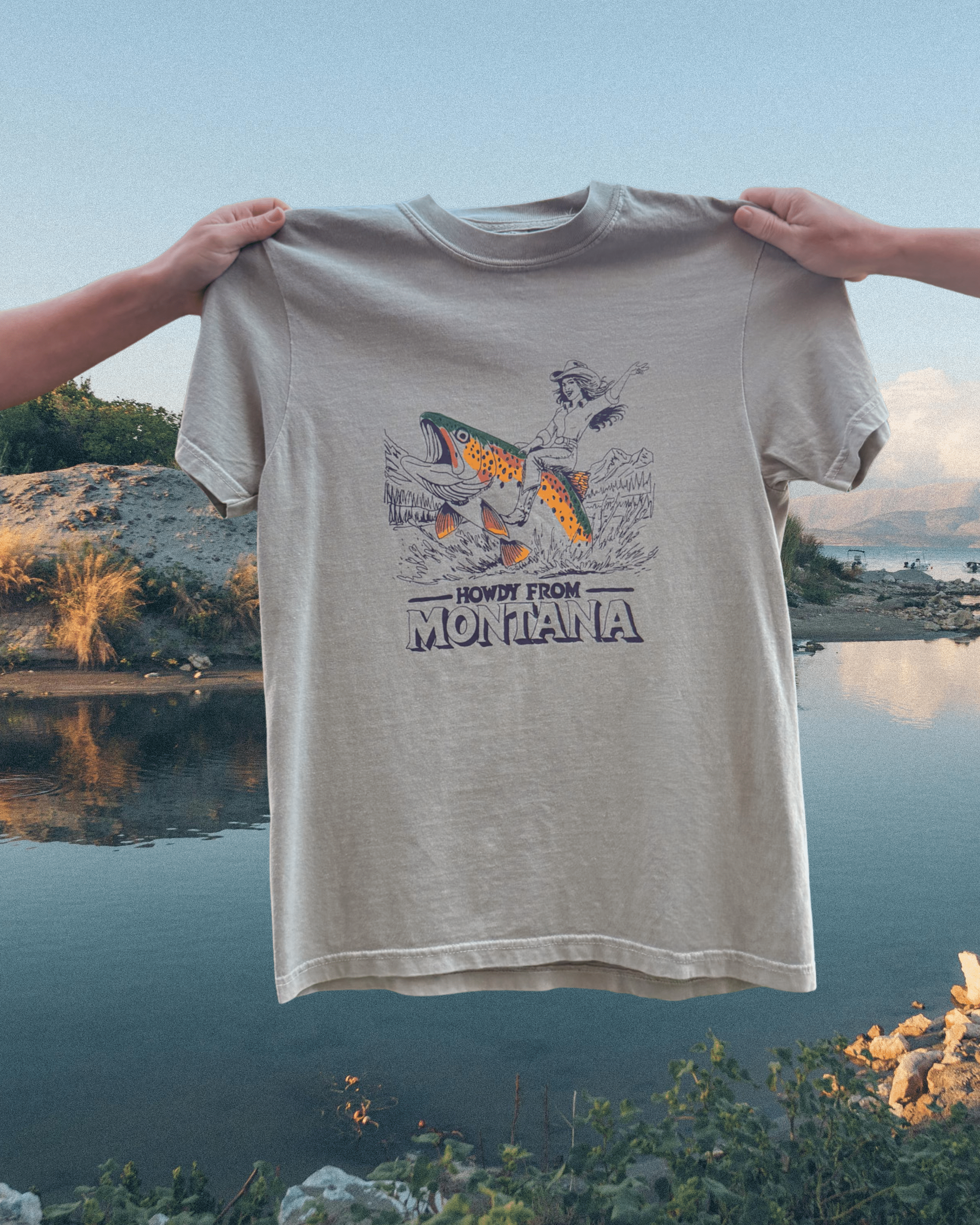 "Howdy From Montana" Tee in Sandstone - Intrigue Ink Visit Bozeman, Unique Shopping Boutique in Montana, Work from Home Clothes for Women