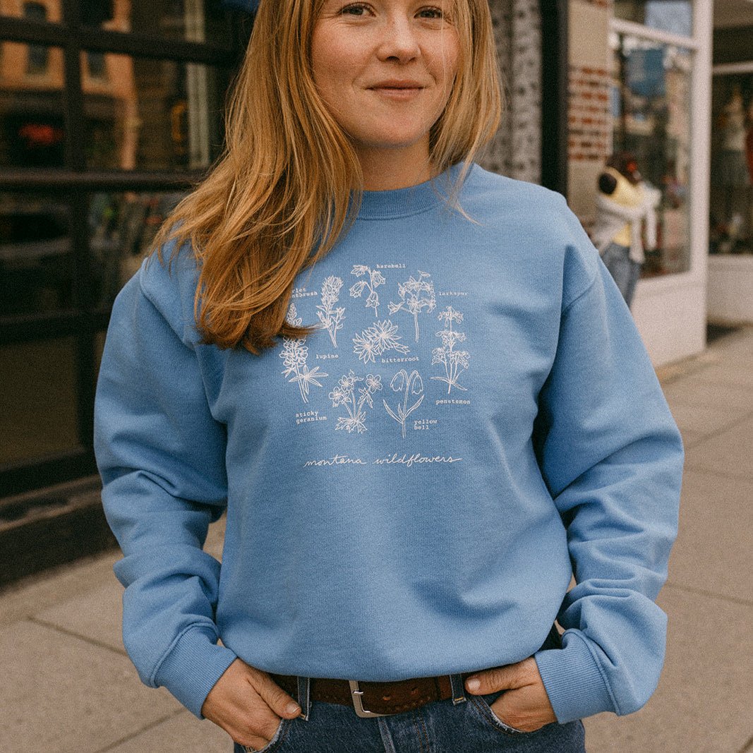 "Montana Wildflowers" Blue Pullover - Intrigue Ink Visit Bozeman, Unique Shopping Boutique in Montana, Work from Home Clothes for Women