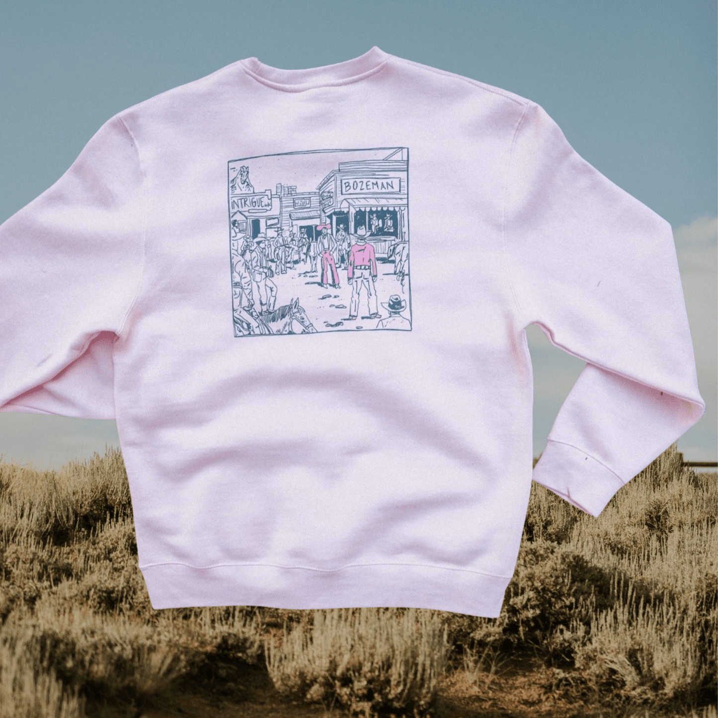 "Montana Standoff" Pink Sweatshirt - Intrigue Ink Visit Bozeman, Unique Shopping Boutique in Montana, Work from Home Clothes for Women