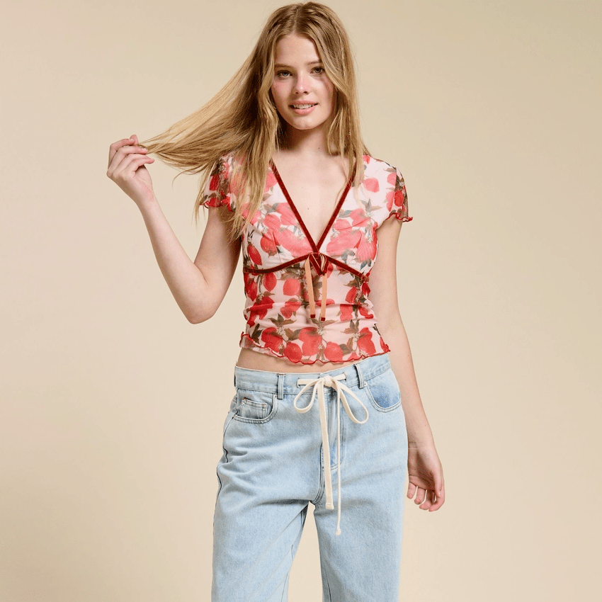 Fruit Print Mesh Blouse - Cherry - Intrigue Ink Visit Bozeman, Unique Shopping Boutique in Montana, Work from Home Clothes for Women
