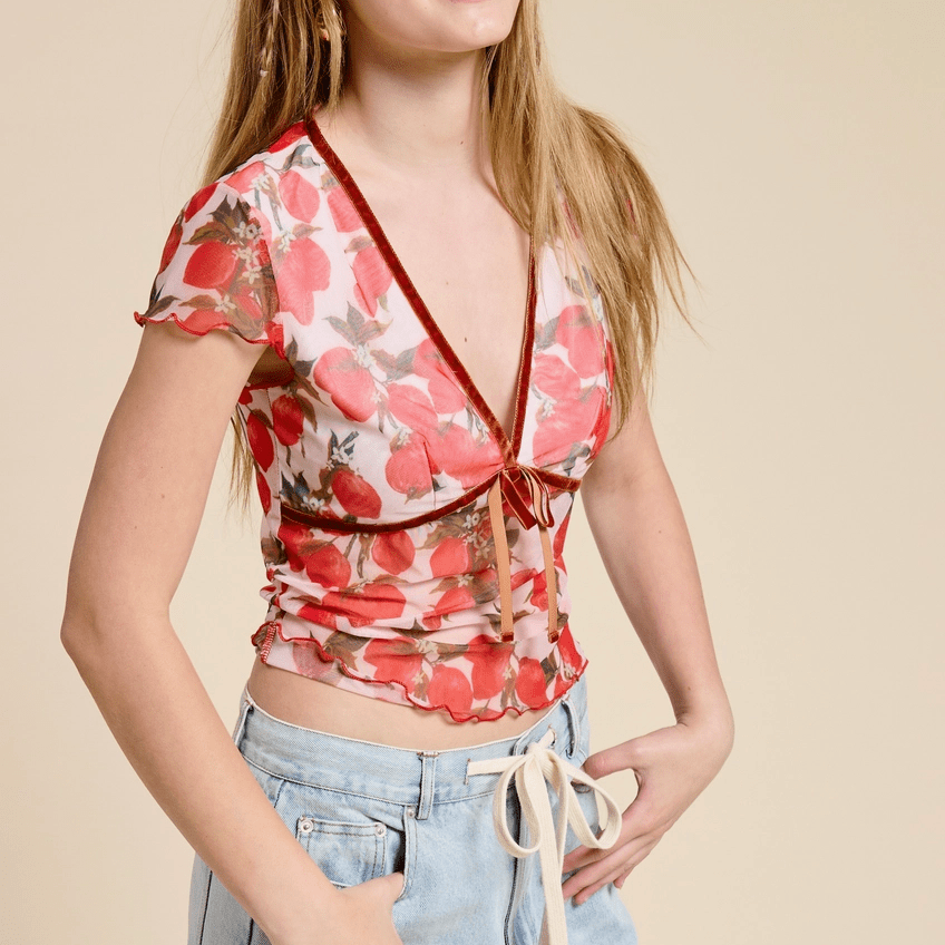 Fruit Print Mesh Blouse - Cherry - Intrigue Ink Visit Bozeman, Unique Shopping Boutique in Montana, Work from Home Clothes for Women