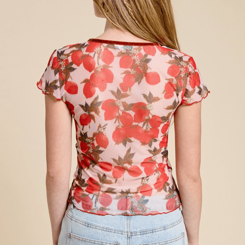 Fruit Print Mesh Blouse - Cherry - Intrigue Ink Visit Bozeman, Unique Shopping Boutique in Montana, Work from Home Clothes for Women