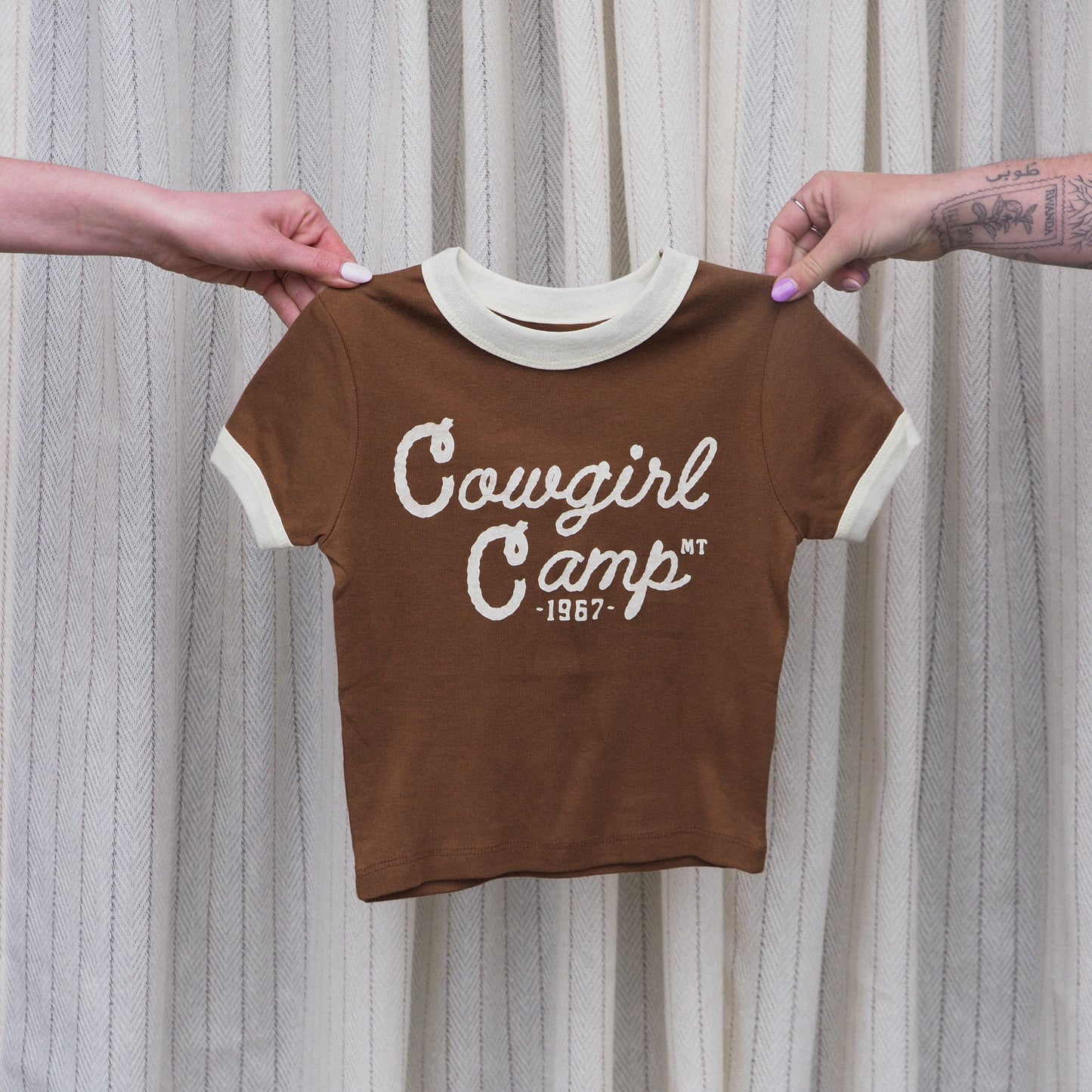"Cowgirl Camp" Two Tone Crop Tee - Intrigue Ink Visit Bozeman, Unique Shopping Boutique in Montana, Work from Home Clothes for Women
