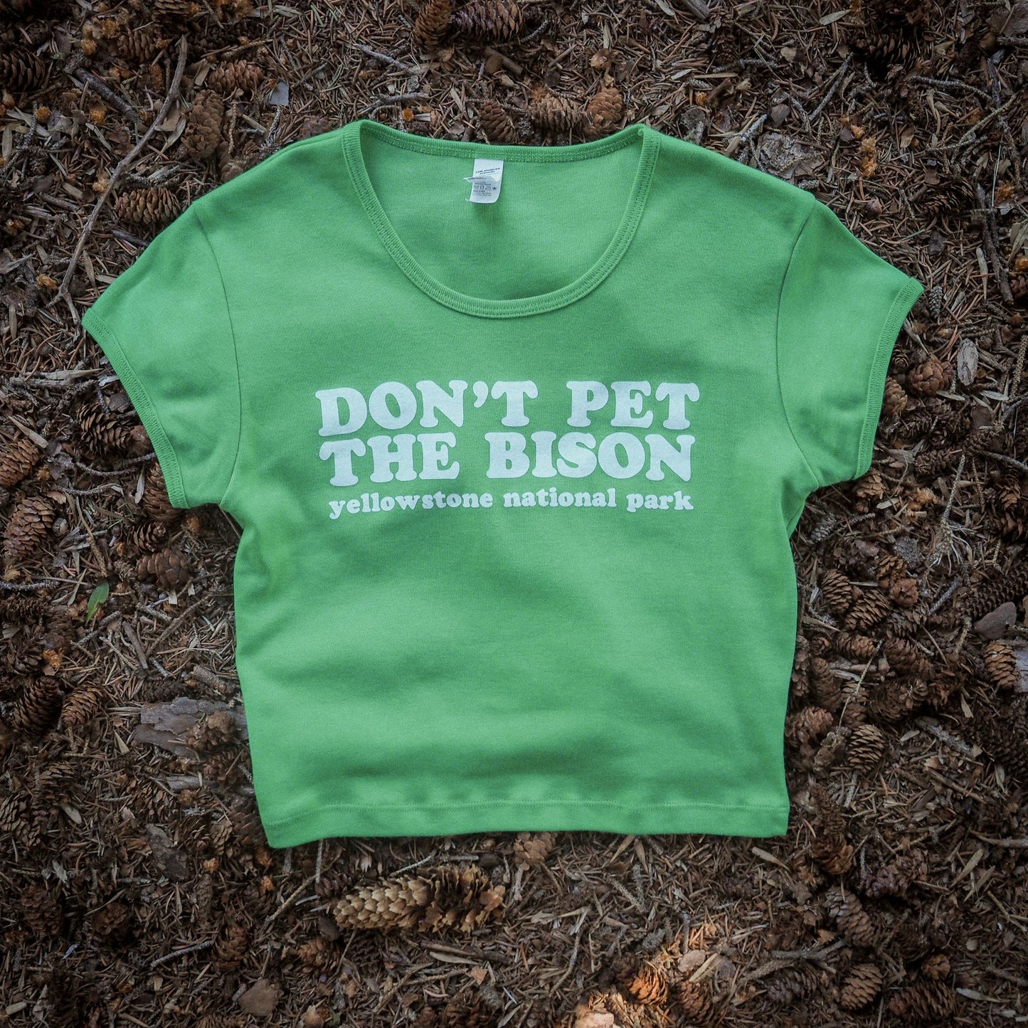"Don't Pet the Bison" Baby Tee in Green - Intrigue Ink Visit Bozeman, Unique Shopping Boutique in Montana, Work from Home Clothes for Women