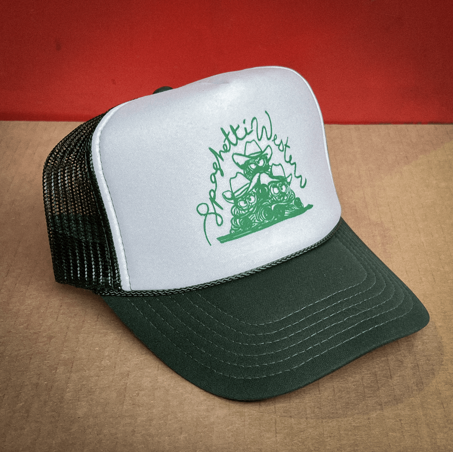 "Spaghetti Western" Trucker Hat in Green/White - Intrigue Ink Visit Bozeman, Unique Shopping Boutique in Montana, Work from Home Clothes for Women