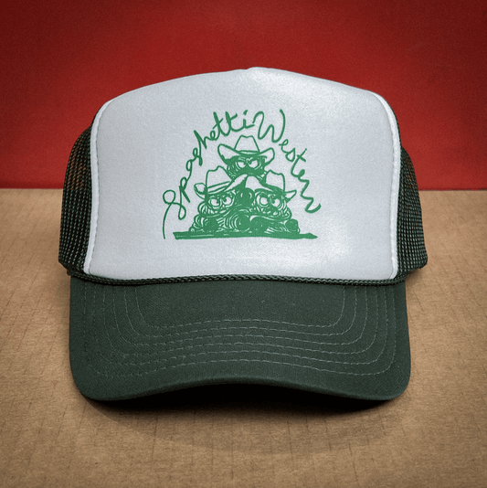 "Spaghetti Western" Trucker Hat in Green/White - Intrigue Ink Visit Bozeman, Unique Shopping Boutique in Montana, Work from Home Clothes for Women