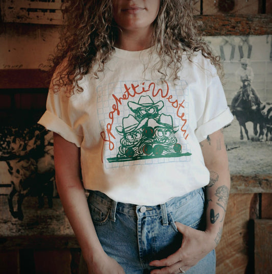 "Spaghetti Western" Tee in White - Intrigue Ink Visit Bozeman, Unique Shopping Boutique in Montana, Work from Home Clothes for Women