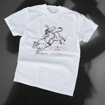 "Last Roundup" White Tee - Intrigue Ink Visit Bozeman, Unique Shopping Boutique in Montana, Work from Home Clothes for Women