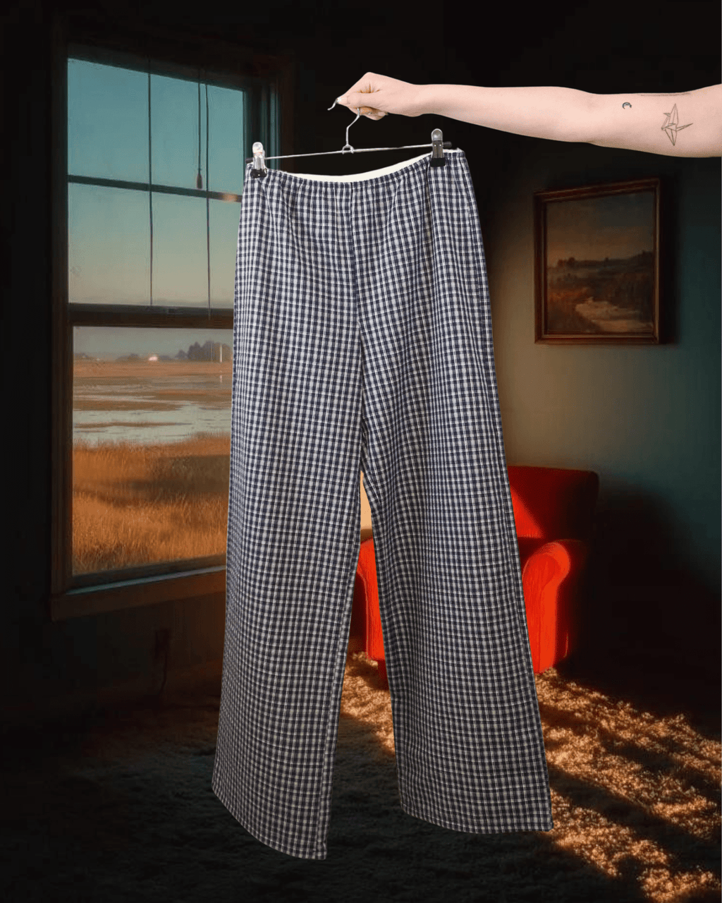 Lace Trim Gingham Pants - Navy - Intrigue Ink Visit Bozeman, Unique Shopping Boutique in Montana, Work from Home Clothes for Women