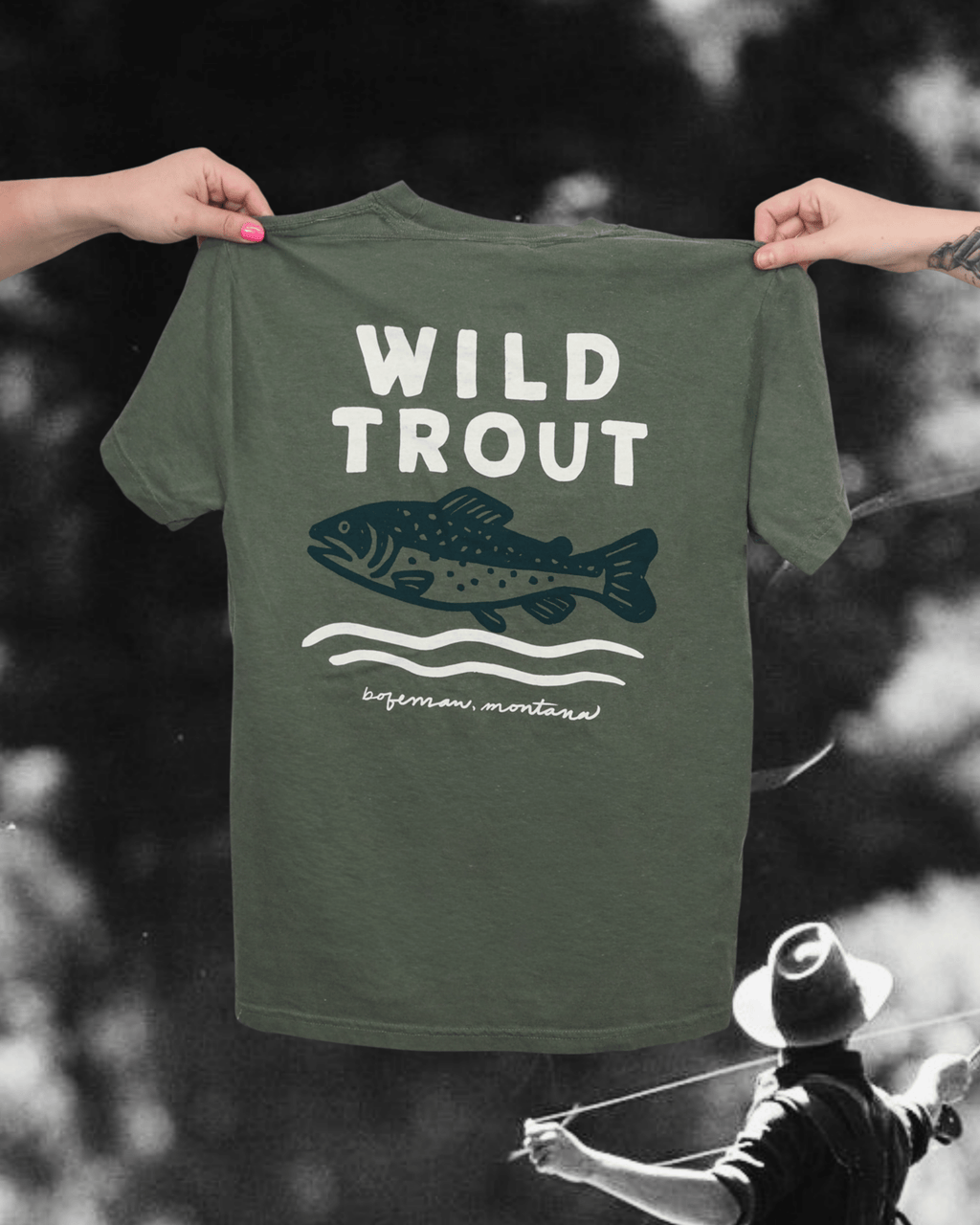 "Wild Trout" Tee in Green - Intrigue Ink Visit Bozeman, Unique Shopping Boutique in Montana, Work from Home Clothes for Women