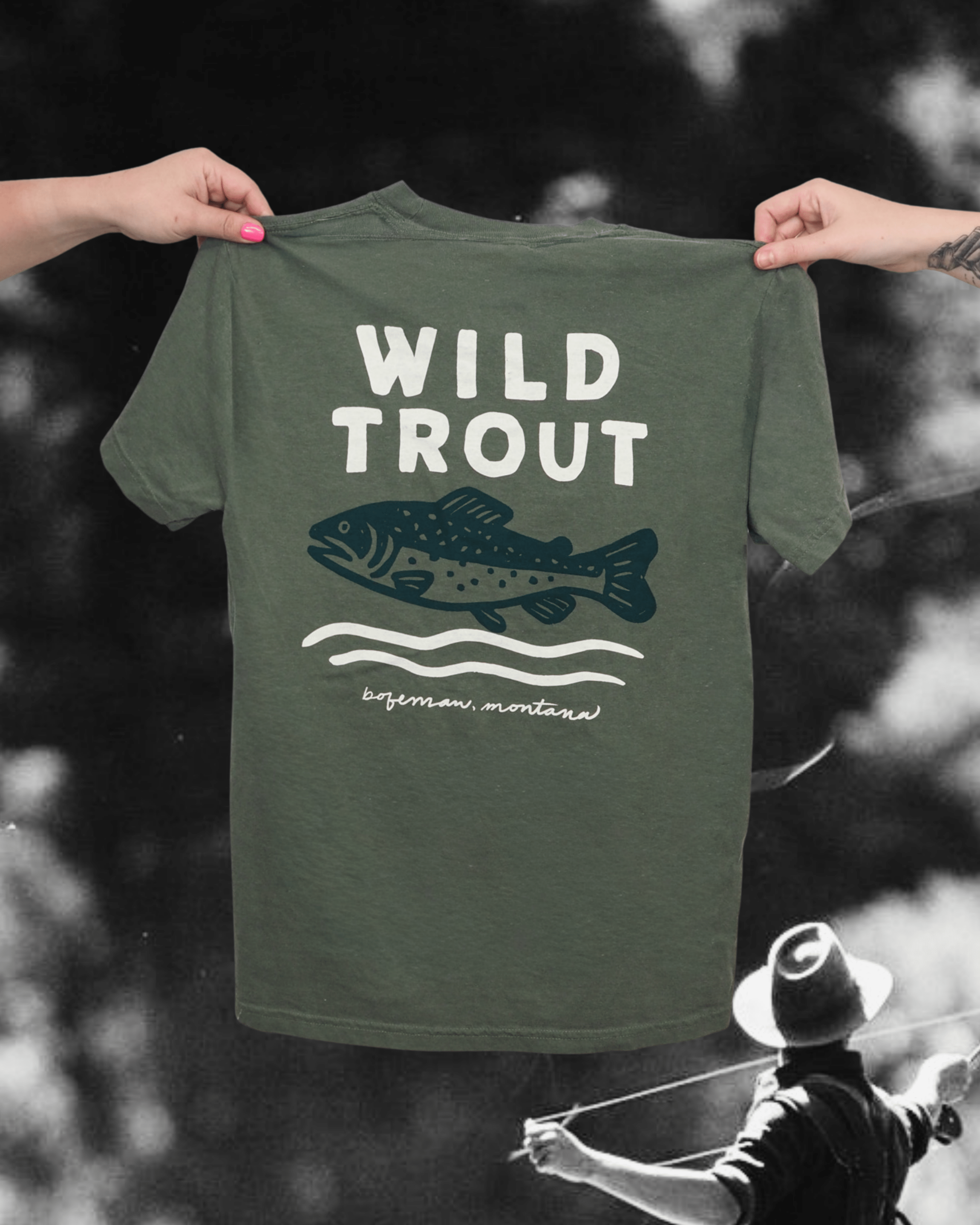 "Wild Trout" Tee in Green - Intrigue Ink Visit Bozeman, Unique Shopping Boutique in Montana, Work from Home Clothes for Women