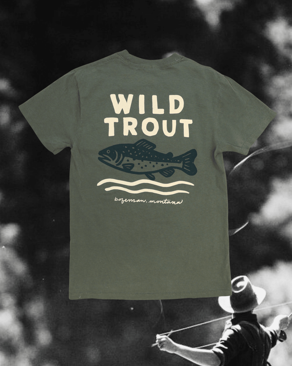 "Wild Trout" Tee in Green - Intrigue Ink Visit Bozeman, Unique Shopping Boutique in Montana, Work from Home Clothes for Women