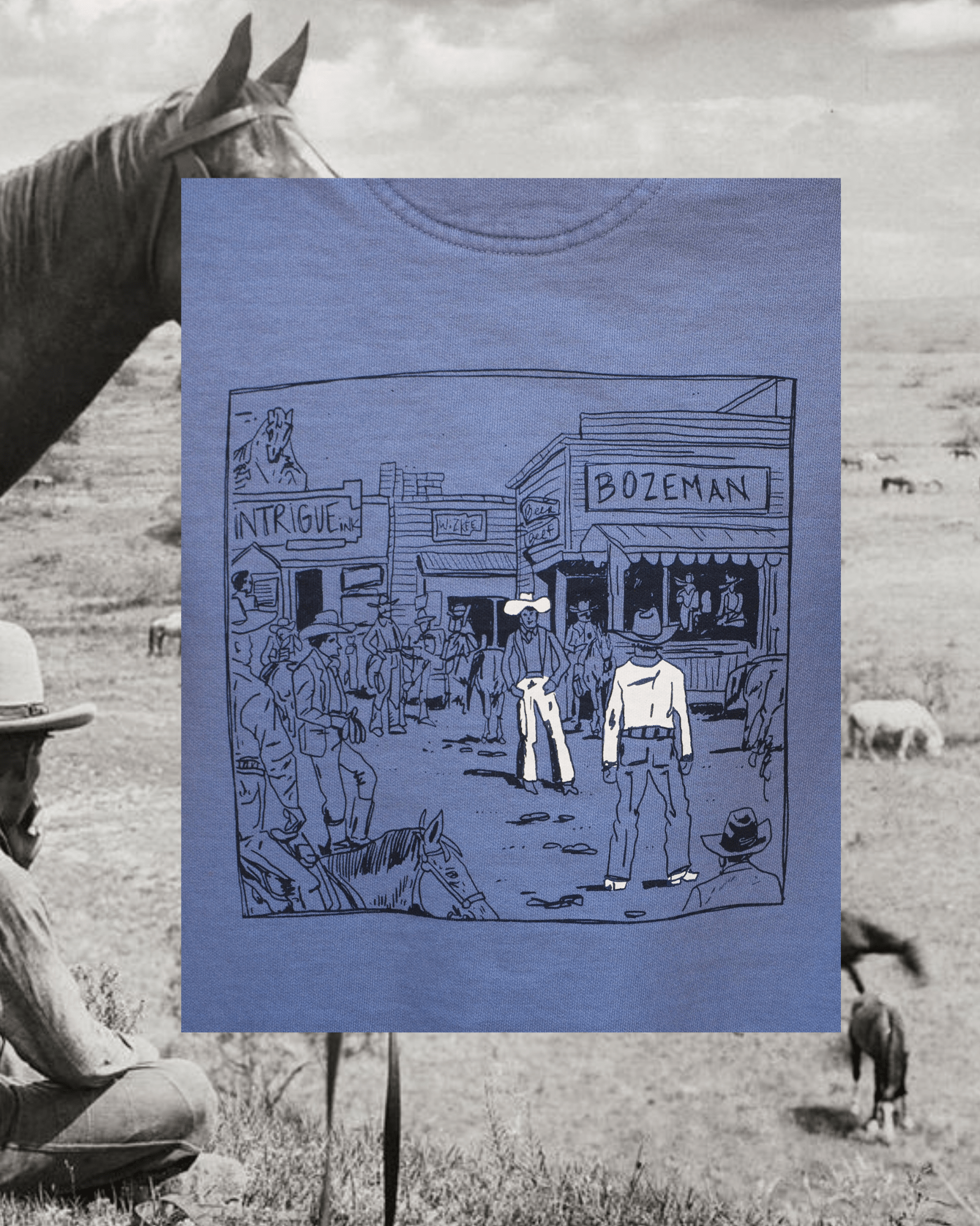 "Montana Standoff" Pullover in Blue - Intrigue Ink Visit Bozeman, Unique Shopping Boutique in Montana, Work from Home Clothes for Women