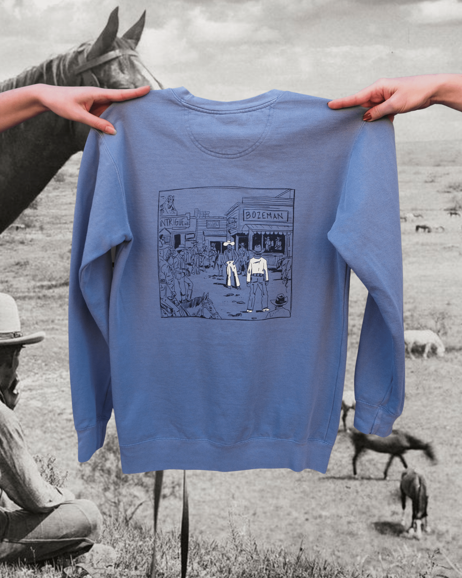 "Montana Standoff" Pullover in Blue - Intrigue Ink Visit Bozeman, Unique Shopping Boutique in Montana, Work from Home Clothes for Women