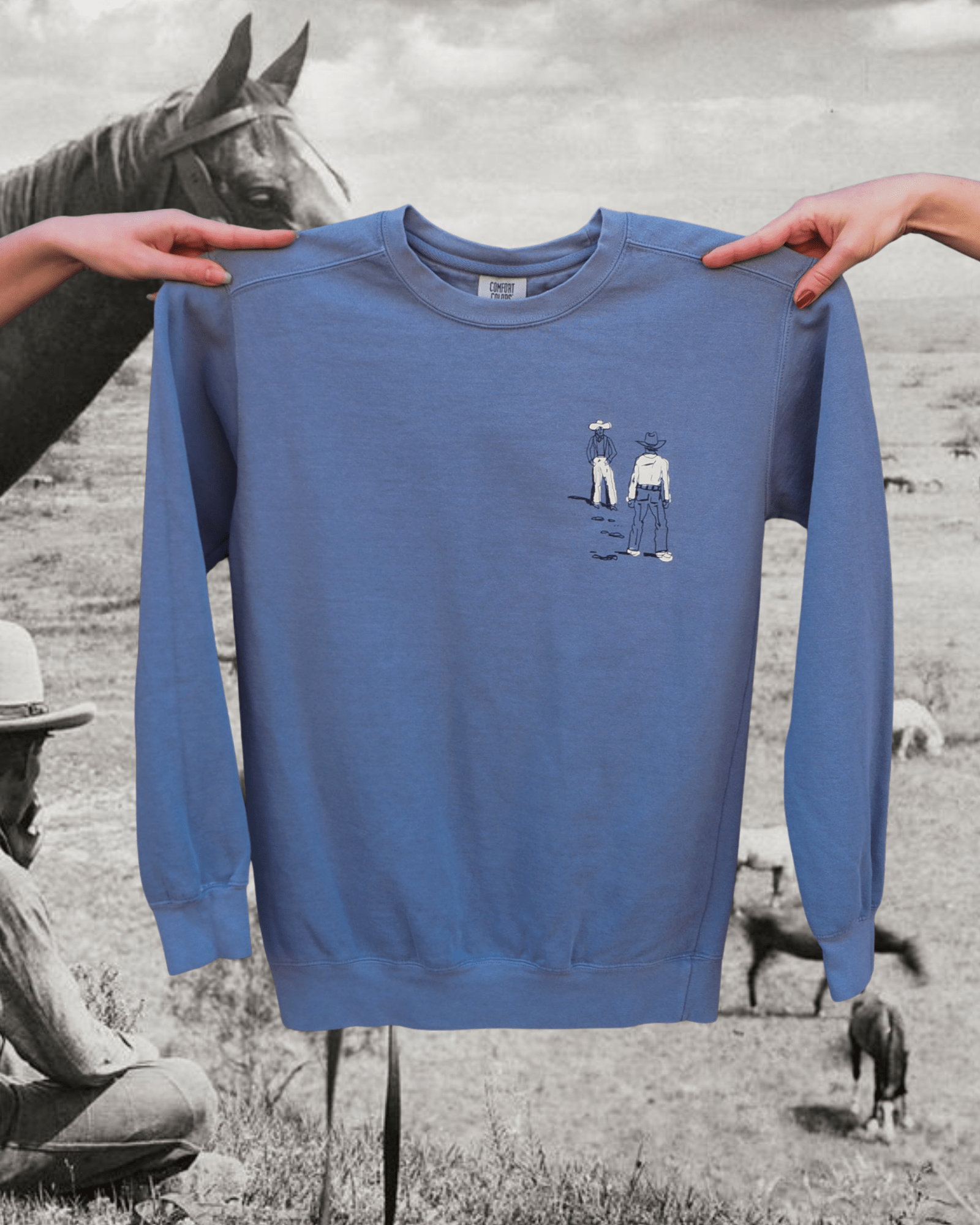 "Montana Standoff" Pullover in Blue - Intrigue Ink Visit Bozeman, Unique Shopping Boutique in Montana, Work from Home Clothes for Women