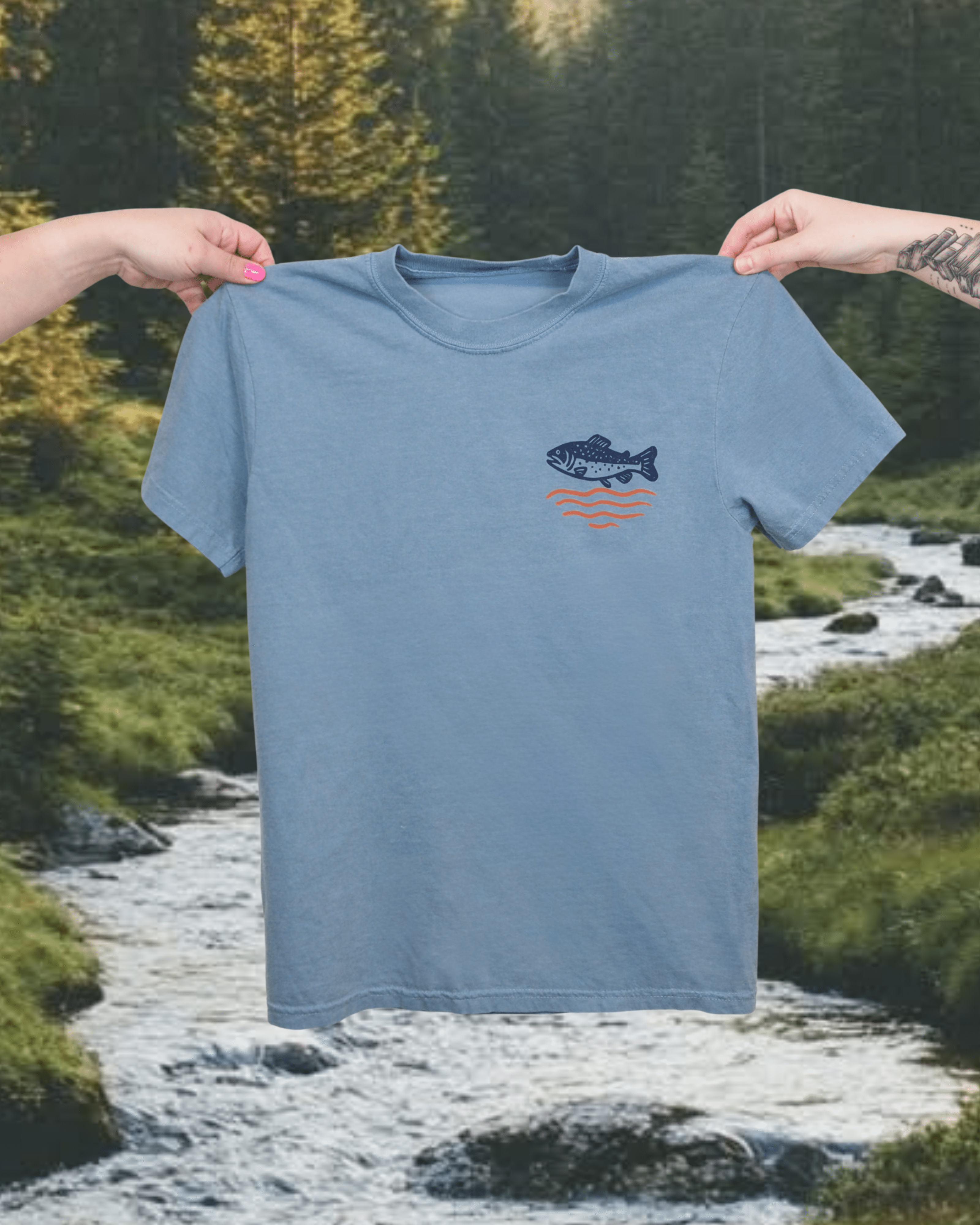 "Wild Trout" Tee in Blue - Intrigue Ink Visit Bozeman, Unique Shopping Boutique in Montana, Work from Home Clothes for Women