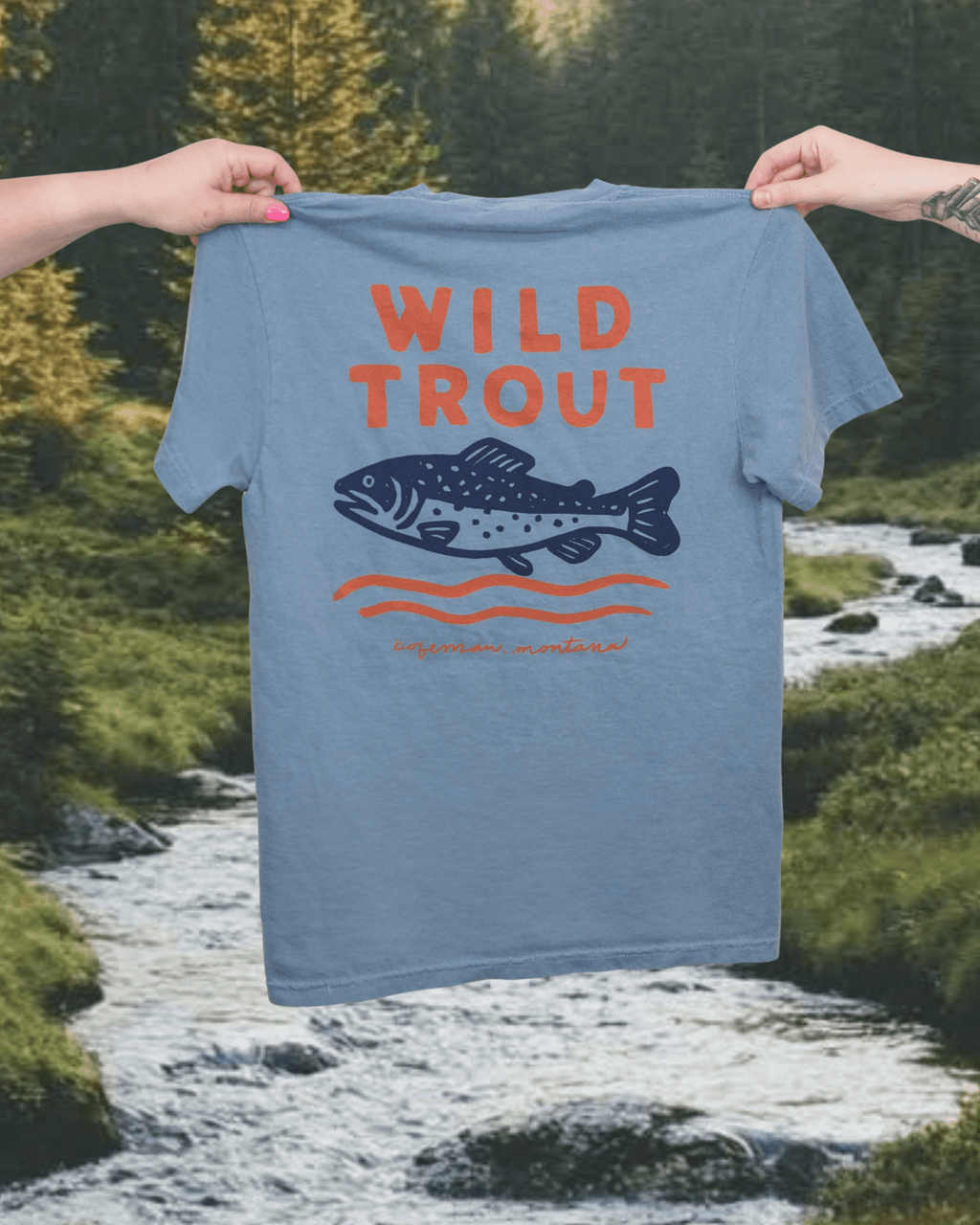 "Wild Trout" Tee in Blue - Intrigue Ink Visit Bozeman, Unique Shopping Boutique in Montana, Work from Home Clothes for Women