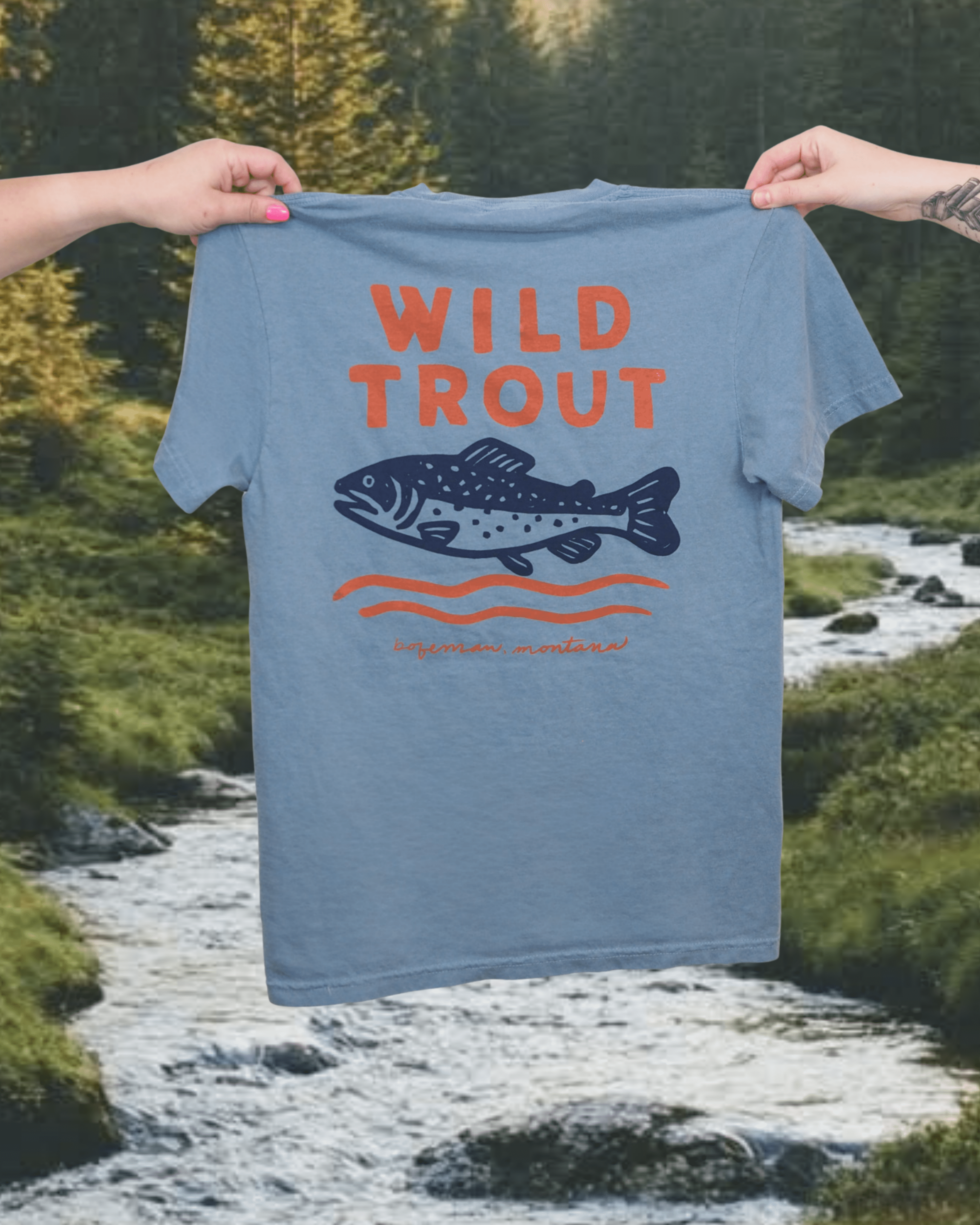 "Wild Trout" Tee in Blue - Intrigue Ink Visit Bozeman, Unique Shopping Boutique in Montana, Work from Home Clothes for Women