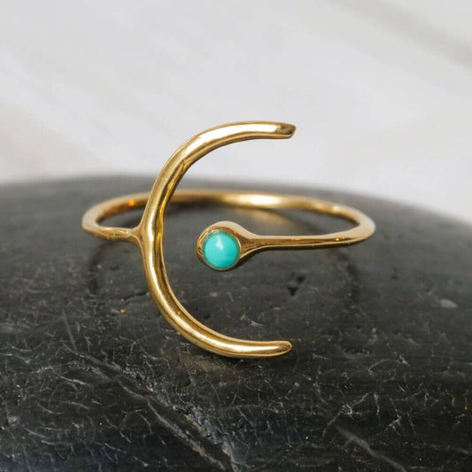 Gold Plated Crescent Ring with Turquoise Stone - Intrigue Ink Visit Bozeman, Unique Shopping Boutique in Montana, Work from Home Clothes for Women