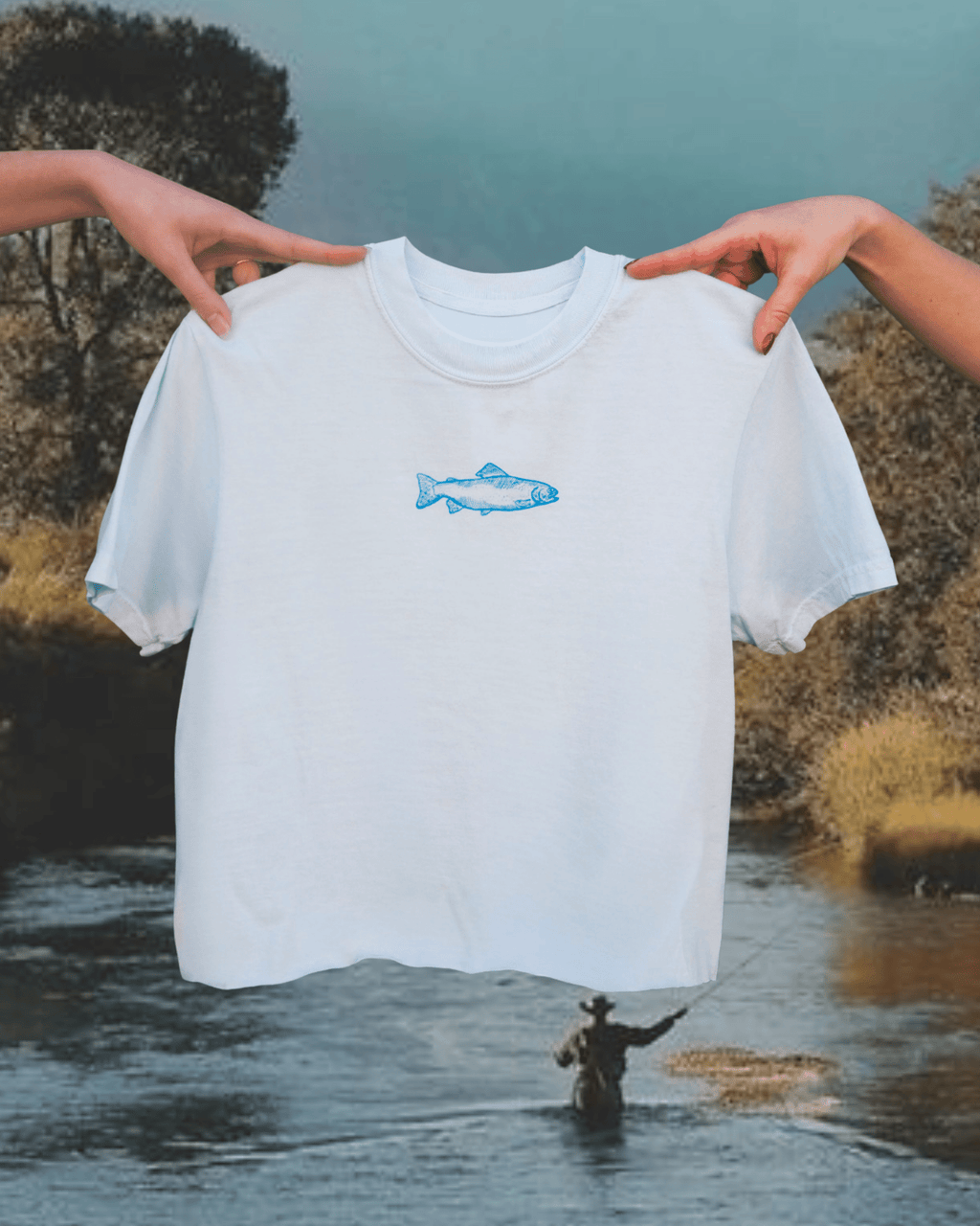 "Swims with the Fishes" Raw Hem Crop in Chambray - Intrigue Ink Visit Bozeman, Unique Shopping Boutique in Montana, Work from Home Clothes for Women