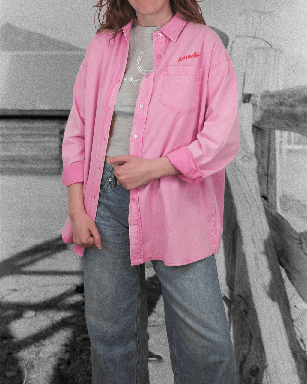 "Howdy!" Button Up in Pink - Intrigue Ink Visit Bozeman, Unique Shopping Boutique in Montana, Work from Home Clothes for Women