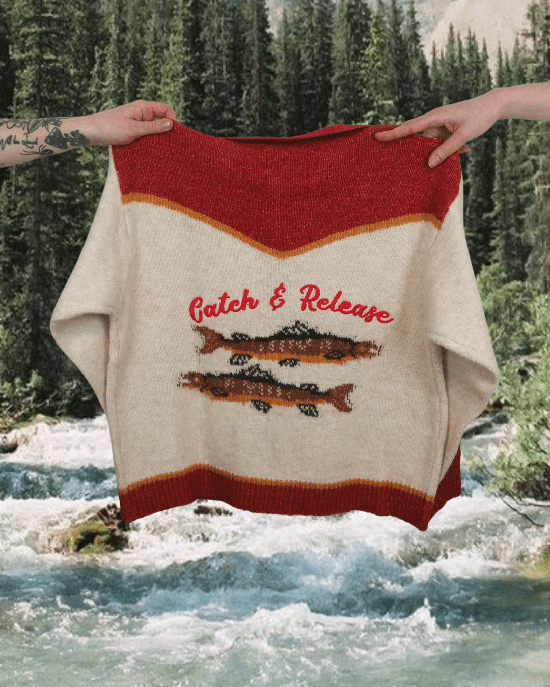 Catch & Release Zip Up - Oatmeal/Red - Intrigue Ink Visit Bozeman, Unique Shopping Boutique in Montana, Work from Home Clothes for Women