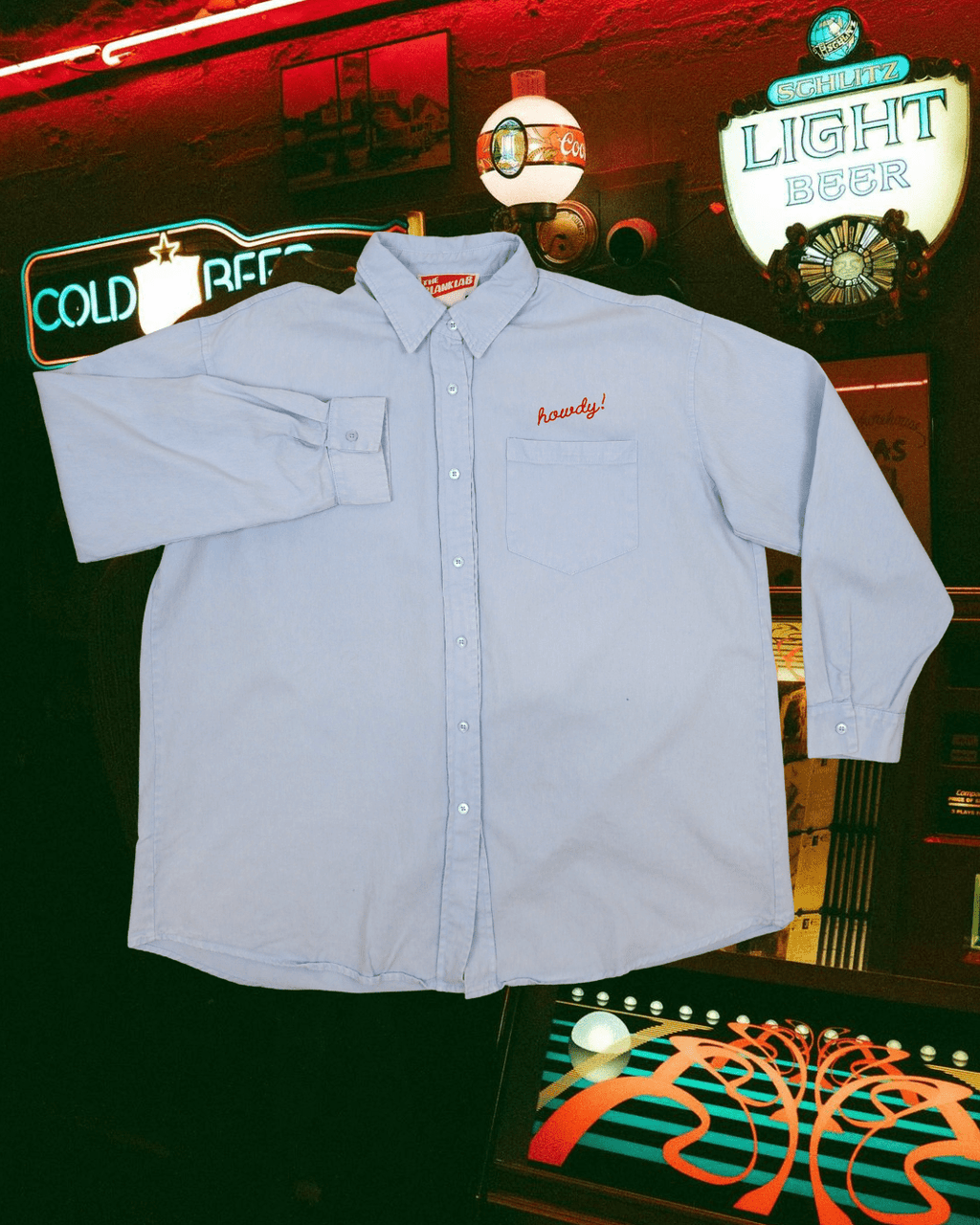 "Howdy!" Button Up in Blue - Intrigue Ink Visit Bozeman, Unique Shopping Boutique in Montana, Work from Home Clothes for Women