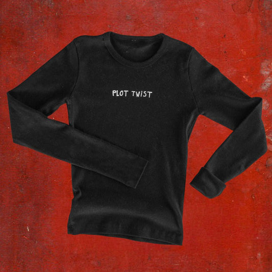"Plot Twist" Black Long Sleeve Baby Tee - Intrigue Ink Visit Bozeman, Unique Shopping Boutique in Montana, Work from Home Clothes for Women