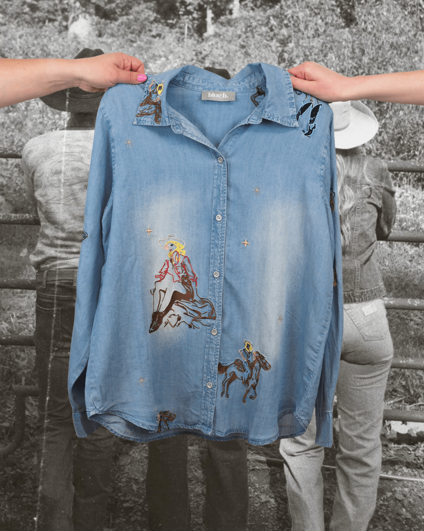 Western Motif Embroidered Tencel Shirt - Intrigue Ink Visit Bozeman, Unique Shopping Boutique in Montana, Work from Home Clothes for Women