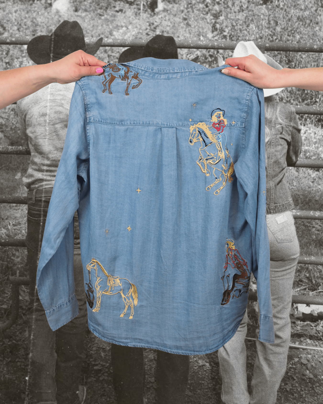Western Motif Embroidered Tencel Shirt - Intrigue Ink Visit Bozeman, Unique Shopping Boutique in Montana, Work from Home Clothes for Women