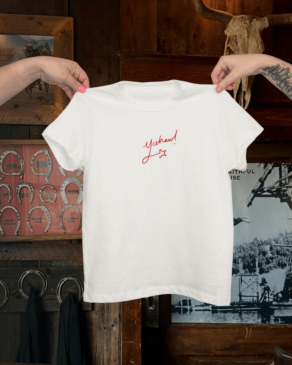 "Yeehaw" Petite Tee in White - Intrigue Ink Visit Bozeman, Unique Shopping Boutique in Montana, Work from Home Clothes for Women