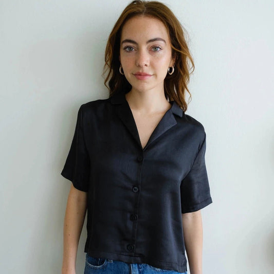 Satin Black Short Sleeve Button Up - Intrigue Ink Visit Bozeman, Unique Shopping Boutique in Montana, Work from Home Clothes for Women