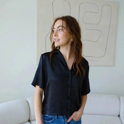 Satin Black Short Sleeve Button Up - Intrigue Ink Visit Bozeman, Unique Shopping Boutique in Montana, Work from Home Clothes for Women