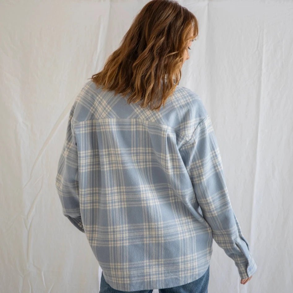 Light Blue Plaid Button Up - Intrigue Ink Visit Bozeman, Unique Shopping Boutique in Montana, Work from Home Clothes for Women