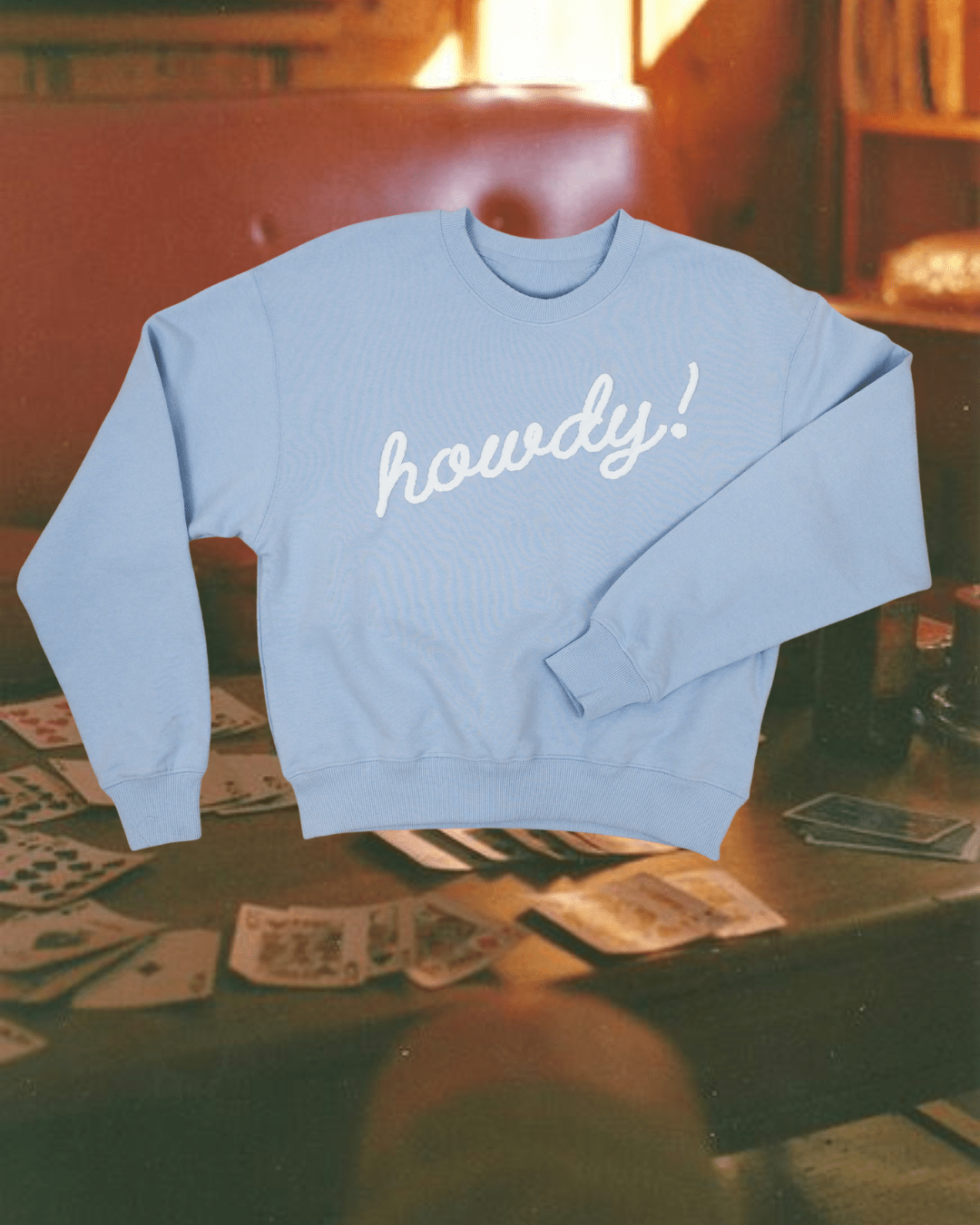 "Howdy!" Pullover in Blue - Intrigue Ink Visit Bozeman, Unique Shopping Boutique in Montana, Work from Home Clothes for Women