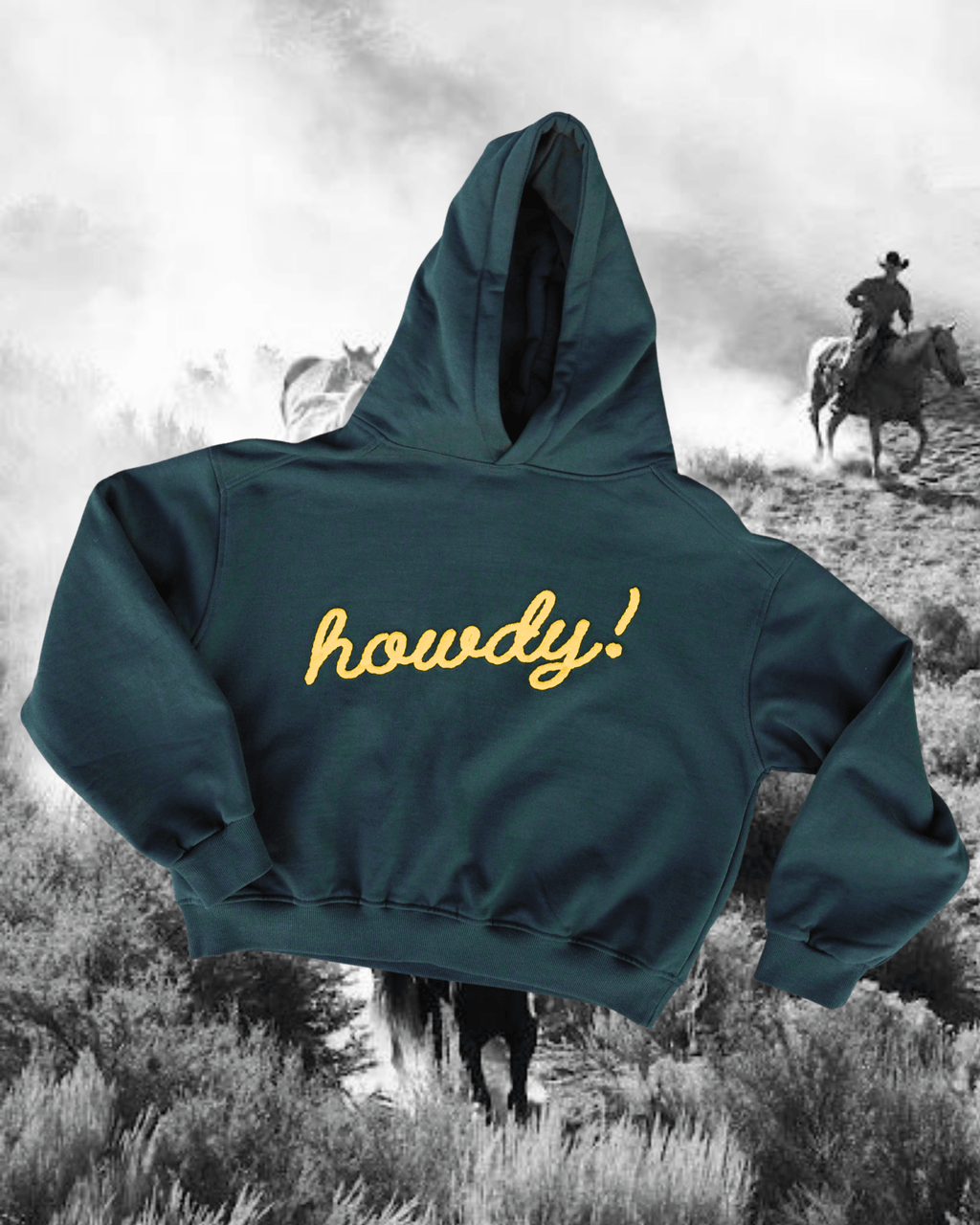 "Howdy!" Hoodie in Green - Intrigue Ink Visit Bozeman, Unique Shopping Boutique in Montana, Work from Home Clothes for Women