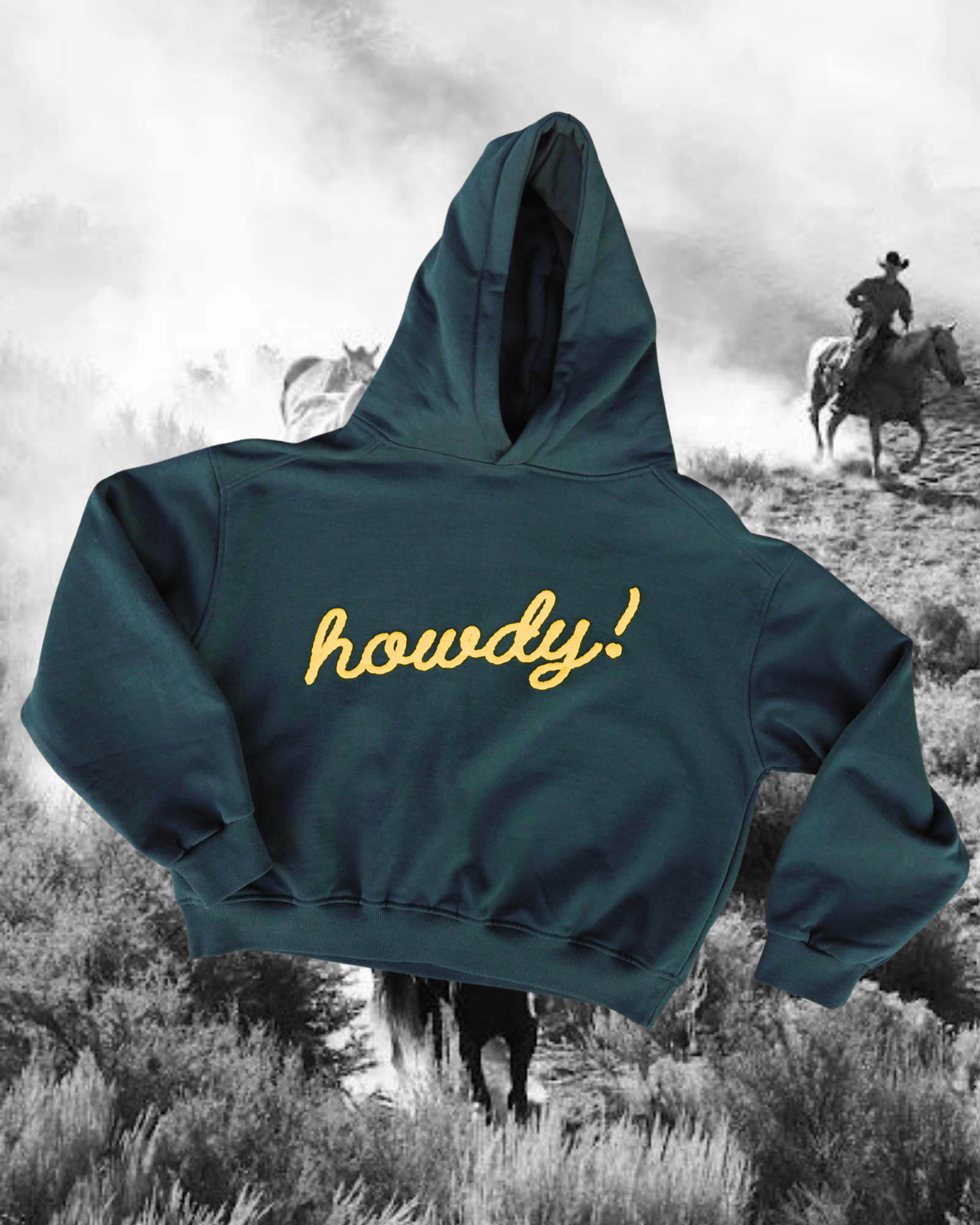 "Howdy!" Hoodie in Green - Intrigue Ink Visit Bozeman, Unique Shopping Boutique in Montana, Work from Home Clothes for Women