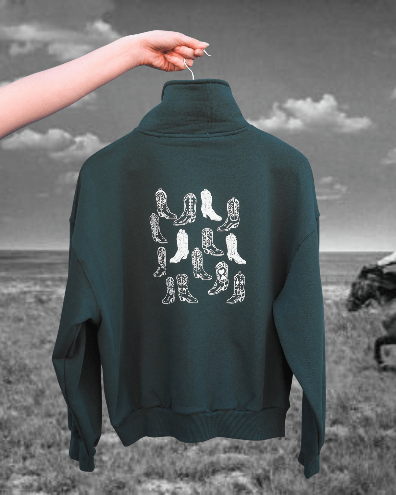 "Vintage Boots" Quarter Zip in Green - Intrigue Ink Visit Bozeman, Unique Shopping Boutique in Montana, Work from Home Clothes for Women