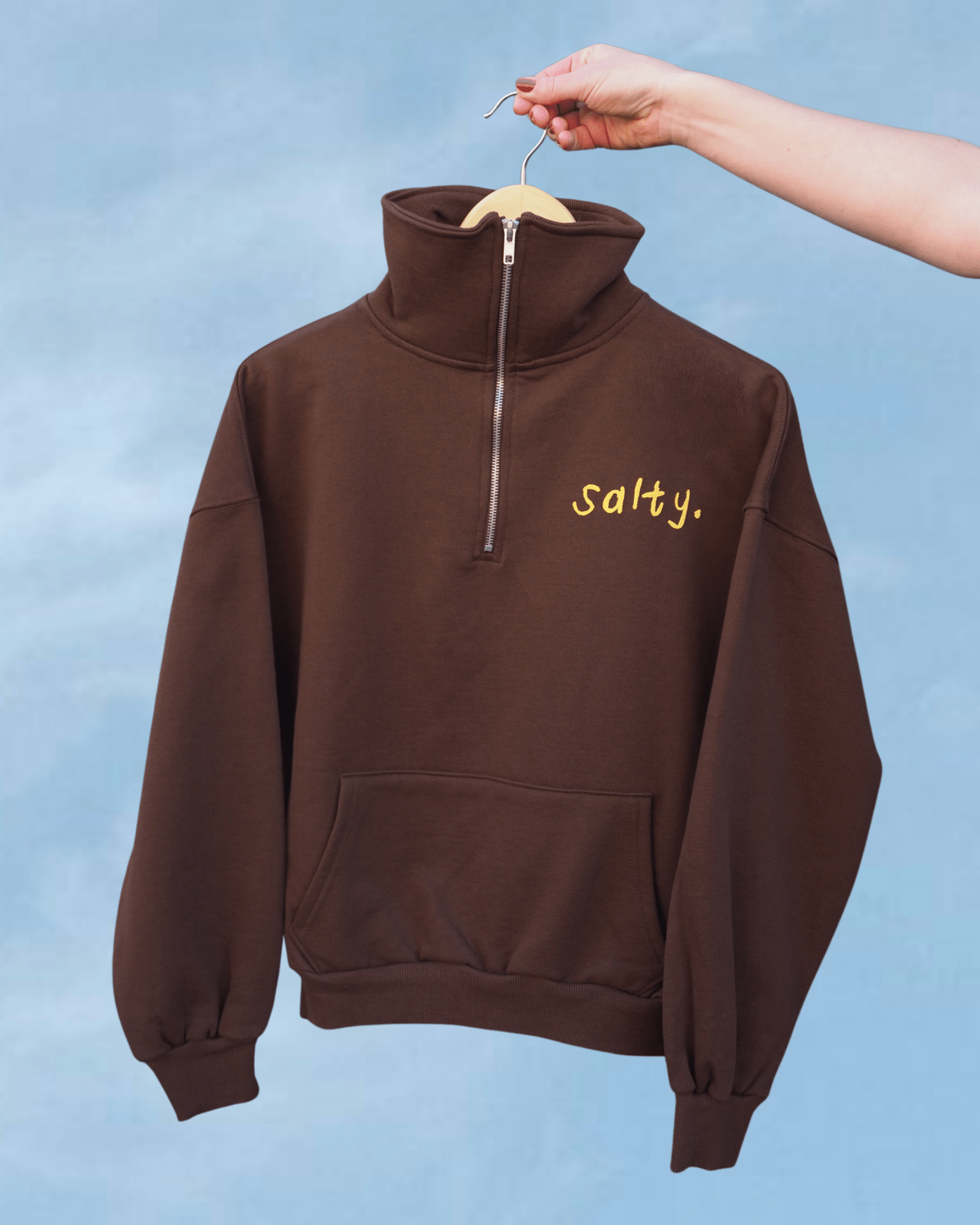 "Salty" Half Zip Sweatshirt in Chocolate - Intrigue Ink Visit Bozeman, Unique Shopping Boutique in Montana, Work from Home Clothes for Women