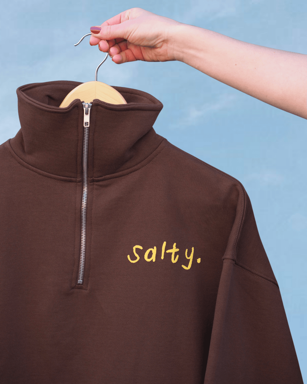 "Salty" Half Zip Sweatshirt in Chocolate - Intrigue Ink Visit Bozeman, Unique Shopping Boutique in Montana, Work from Home Clothes for Women