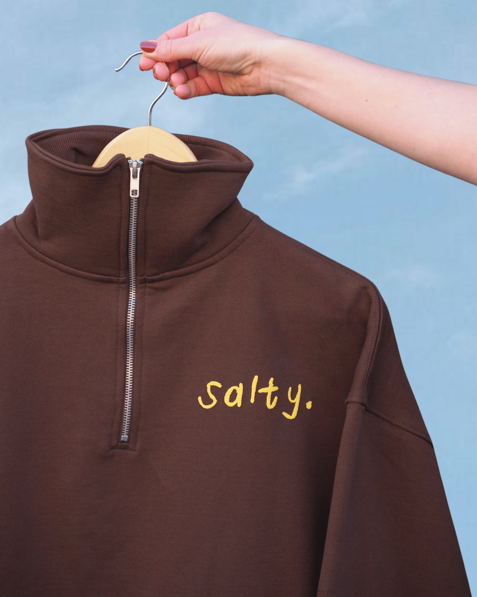 "Salty" Half Zip Sweatshirt in Chocolate - Intrigue Ink Visit Bozeman, Unique Shopping Boutique in Montana, Work from Home Clothes for Women