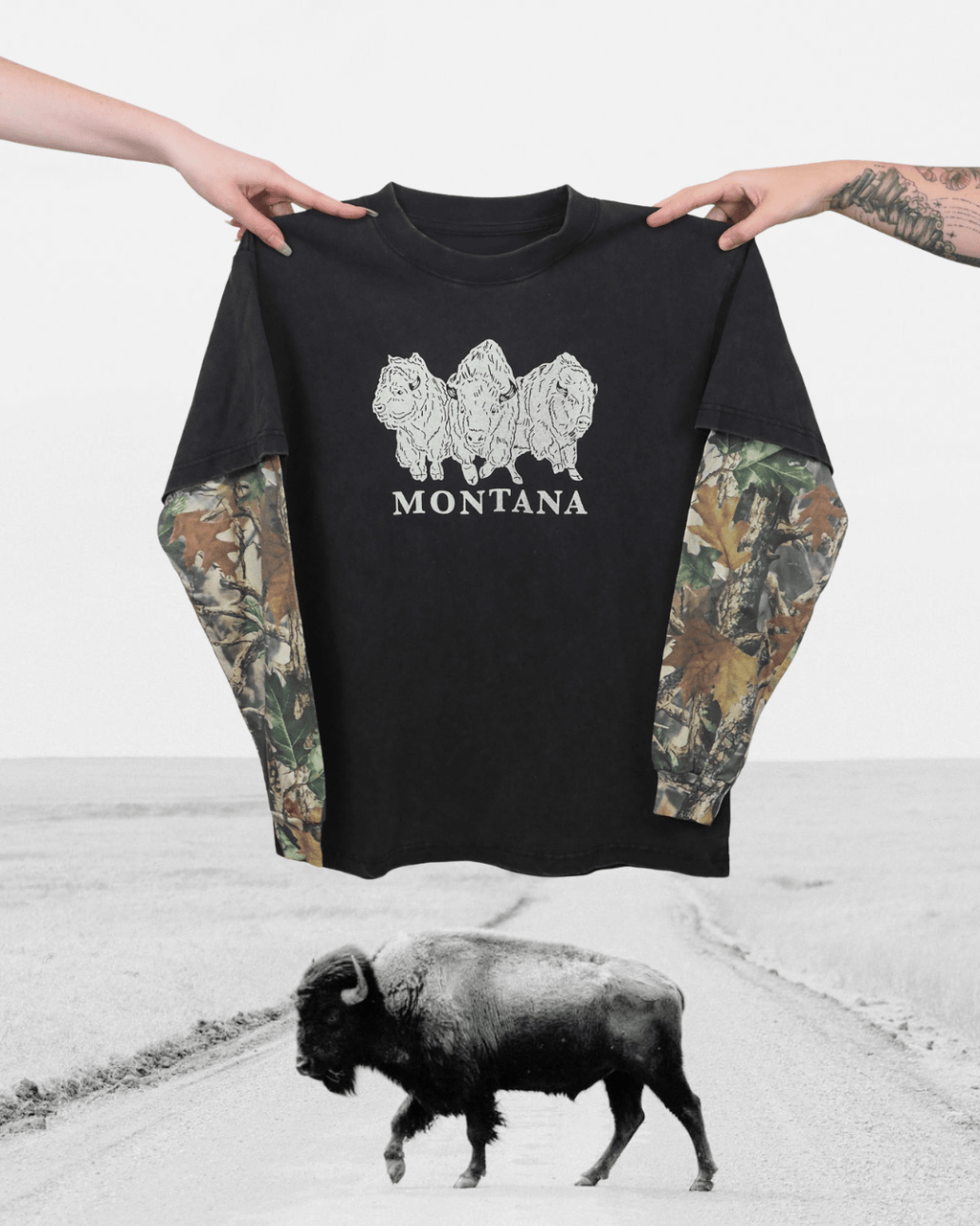 "Bison Power" 90's Long Sleeve Vintage Wood Camo - Intrigue Ink Visit Bozeman, Unique Shopping Boutique in Montana, Work from Home Clothes for Women