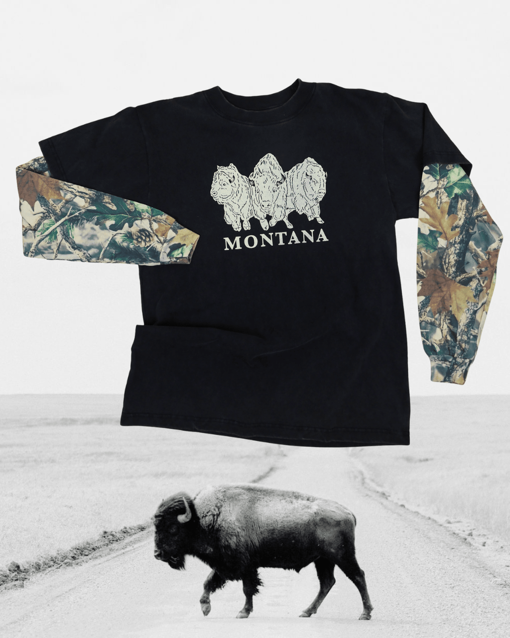 "Bison Power" 90's Long Sleeve Vintage Wood Camo - Intrigue Ink Visit Bozeman, Unique Shopping Boutique in Montana, Work from Home Clothes for Women