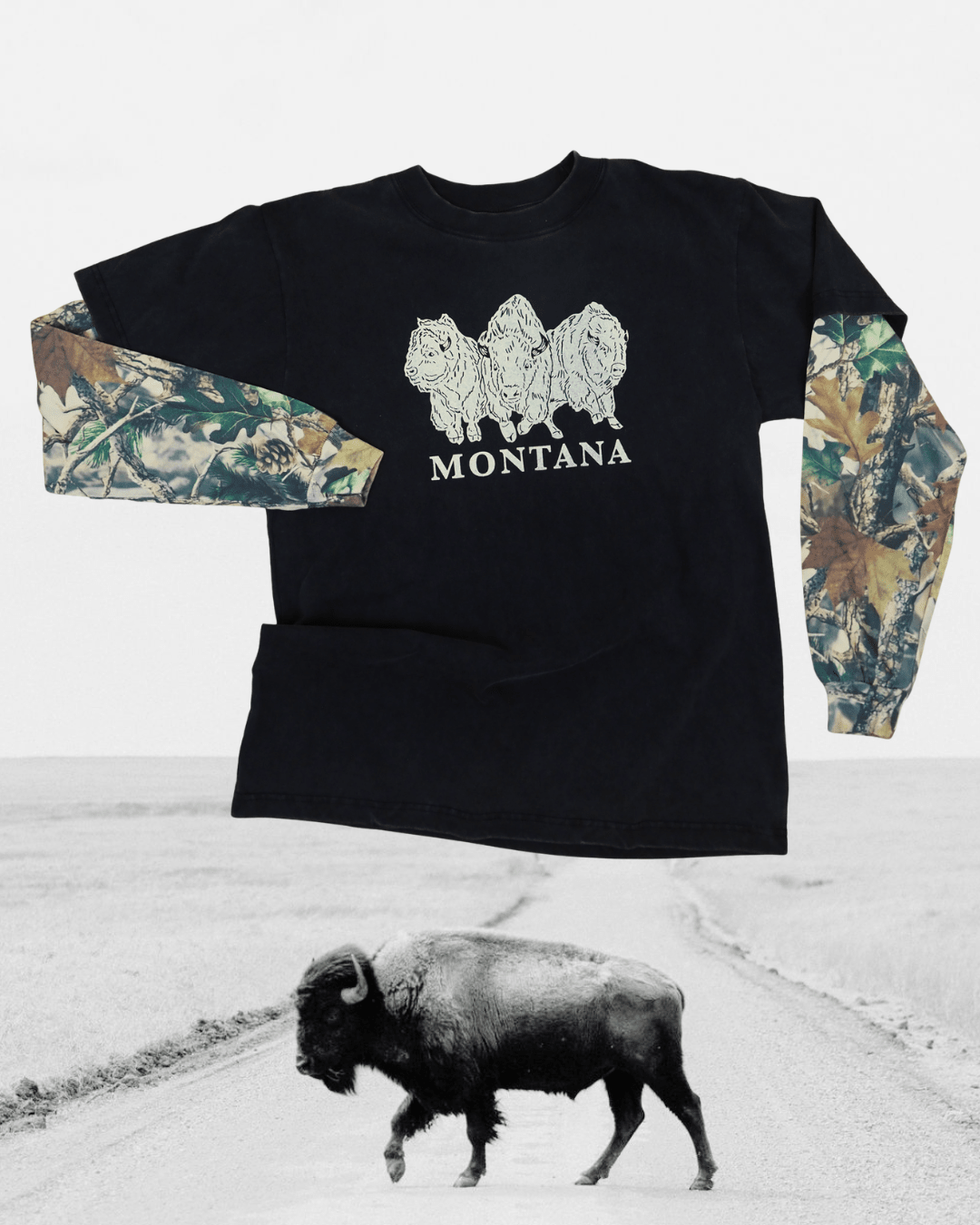 "Bison Power" 90's Long Sleeve Vintage Wood Camo - Intrigue Ink Visit Bozeman, Unique Shopping Boutique in Montana, Work from Home Clothes for Women