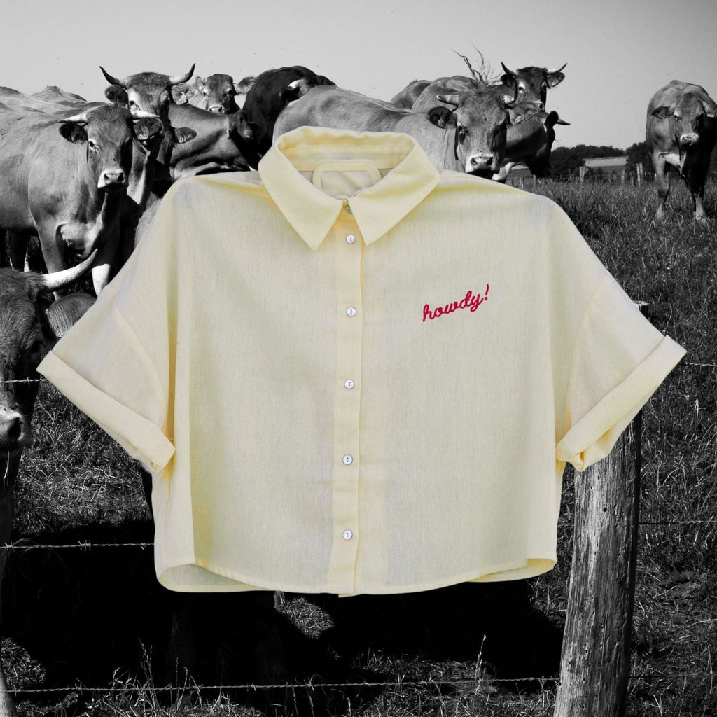 "Howdy!" Button Down Crop - Intrigue Ink Visit Bozeman, Unique Shopping Boutique in Montana, Work from Home Clothes for Women